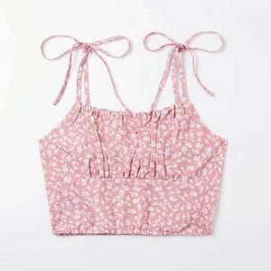 New Pink & White Floral Shoulder Tie Crop Tank Top